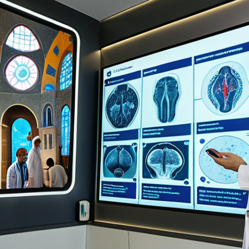 Home 19 **A futuristic hospital scene in Istanbul. A doctor in a modern lab coat consults an AI-powered holographic display showing a patient's genetic map overlaid on a Bosphorus view. Focus on advanced technology and personalized medicine. In the background, smartwatches collect data from patients in a waiting area with a Hagia Sophia mural.**
