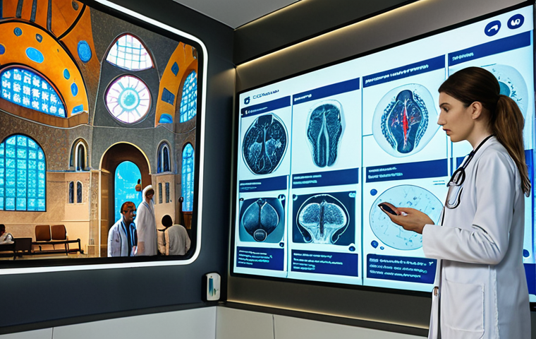 **A futuristic hospital scene in Istanbul. A doctor in a modern lab coat consults an AI-powered holographic display showing a patient's genetic map overlaid on a Bosphorus view. Focus on advanced technology and personalized medicine. In the background, smartwatches collect data from patients in a waiting area with a Hagia Sophia mural.**