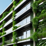 **

A modern building facade covered in lush greenery, including a green roof and vertical gardens. Natural materials like wood and stone are visibly integrated into the design. The scene should evoke harmony with nature and environmental consciousness. Include subtle solar panels seamlessly integrated.

**