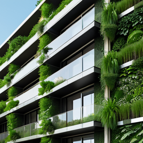 Home 18 **
A modern building facade covered in lush greenery, including a green roof and vertical gardens. Natural materials like wood and stone are visibly integrated into the design. The scene should evoke harmony with nature and environmental consciousness. Include subtle solar panels seamlessly integrated.
**