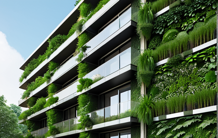 **

A modern building facade covered in lush greenery, including a green roof and vertical gardens. Natural materials like wood and stone are visibly integrated into the design. The scene should evoke harmony with nature and environmental consciousness. Include subtle solar panels seamlessly integrated.

**