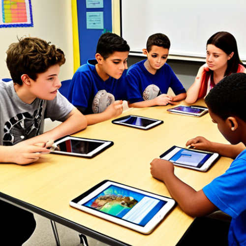 Home 17 **A personalized learning environment:** A diverse group of students engaged in different activities (e.g., reading on tablets, working on projects, collaborative discussions) within a modern classroom setting. Focus on individualized learning paths guided by a teacher acting as a mentor.