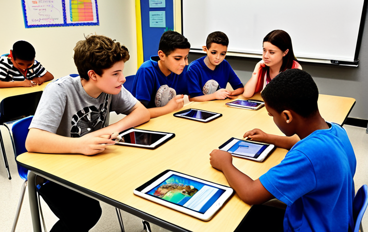 **A personalized learning environment:** A diverse group of students engaged in different activities (e.g., reading on tablets, working on projects, collaborative discussions) within a modern classroom setting. Focus on individualized learning paths guided by a teacher acting as a mentor.