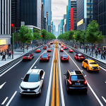 ** A modern cityscape showcasing autonomous vehicles seamlessly interacting with smart city infrastructure. Focus on a bustling scene with connected cars, intelligent traffic lights, and pedestrian safety measures, all powered by 5G technology. The scene should represent a future where traffic congestion is minimized and transportation is efficient and safe.

**