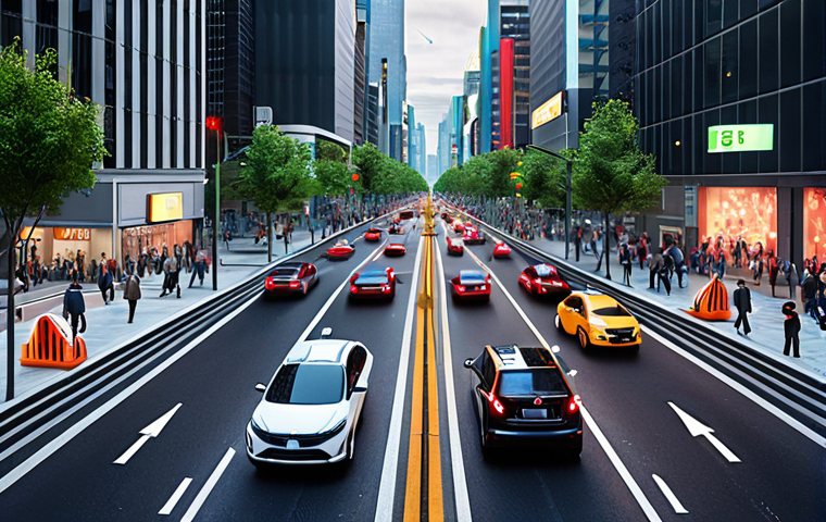 ** A modern cityscape showcasing autonomous vehicles seamlessly interacting with smart city infrastructure. Focus on a bustling scene with connected cars, intelligent traffic lights, and pedestrian safety measures, all powered by 5G technology. The scene should represent a future where traffic congestion is minimized and transportation is efficient and safe.

**